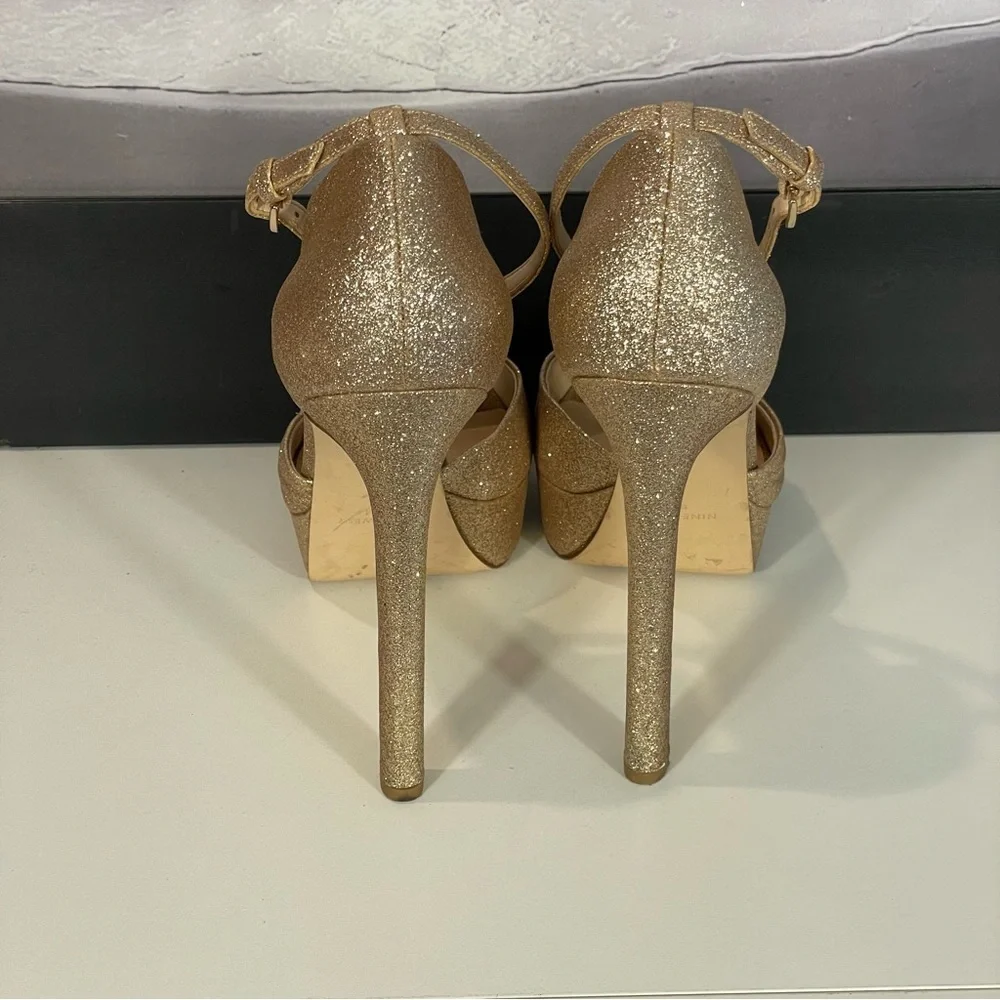 Nine West Gold Glitter Open Toe Platform Stiletto Ankle Strap Heel Shoe Sz 9
